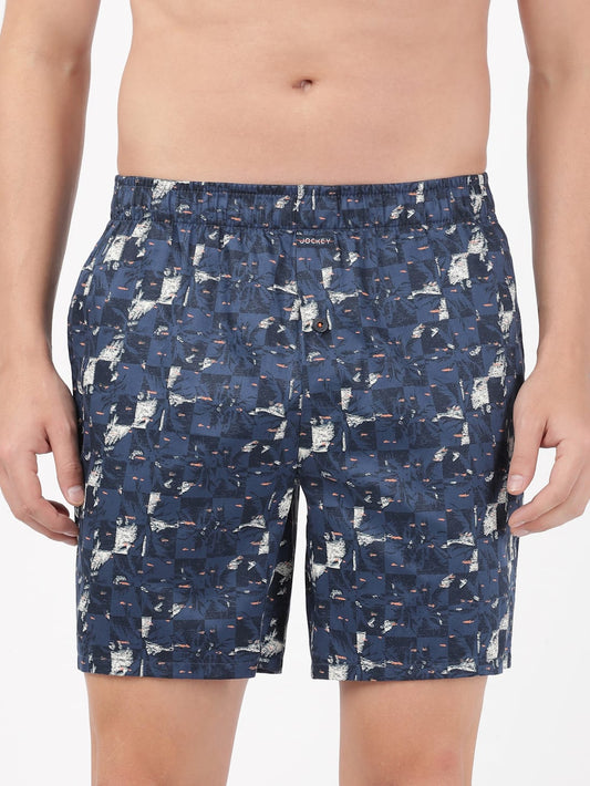 Jockey Men's Super Combed Cotton Satin Weave Printed Boxer Shorts with Side Pocket - Navy