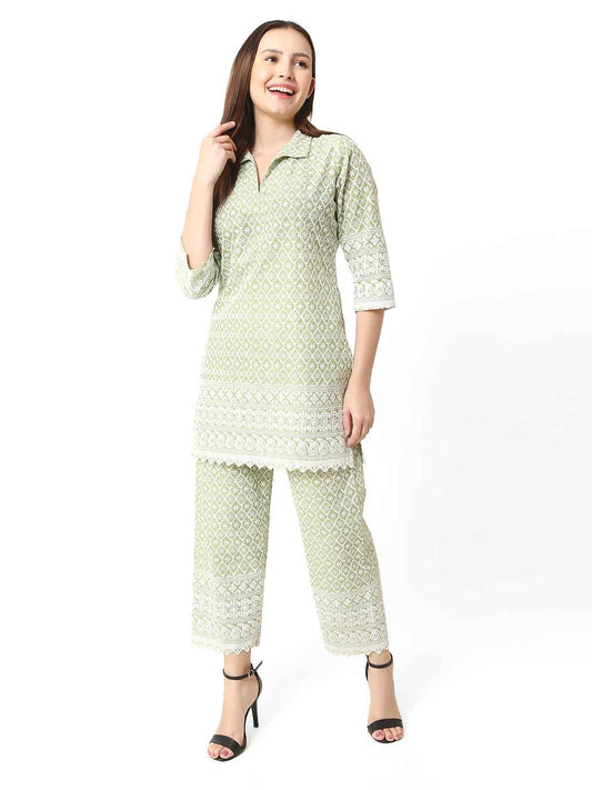 Trendzmy Women Chikan Embroidery Cotton Blend Kurti Set Ethnic Dress Cord Set Green Color XXL