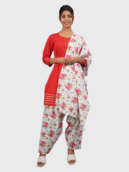 Trendzmy Women Plain Red Kurta with Printed Pink Salwar and Dupatta XXXL