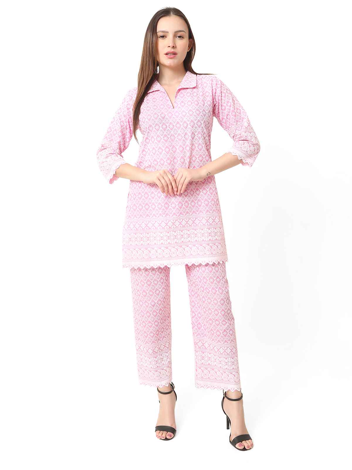 Trendzmy Women Chikan Embroidery Cotton Blend Kurti Set Ethnic Dress Cord Set Pink Color