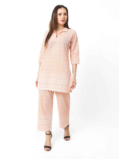 Trendzmy Women Chikan Embroidery Cotton Blend Kurti Set Ethnic Dress Cord Set Peach Color