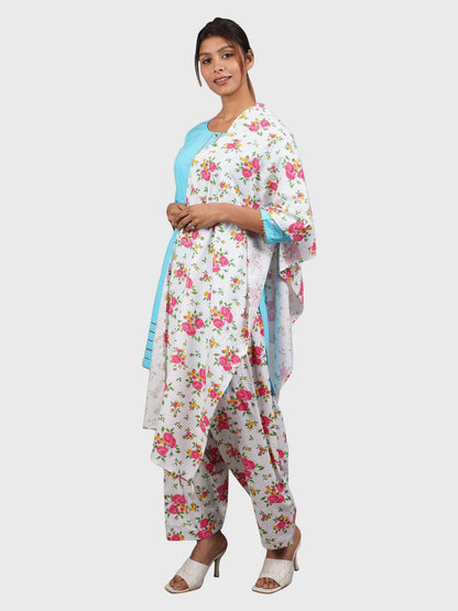 Trendzmy Women Plain Sky Blue Kurta with Printed Pink Salwar and Dupatta XXXL