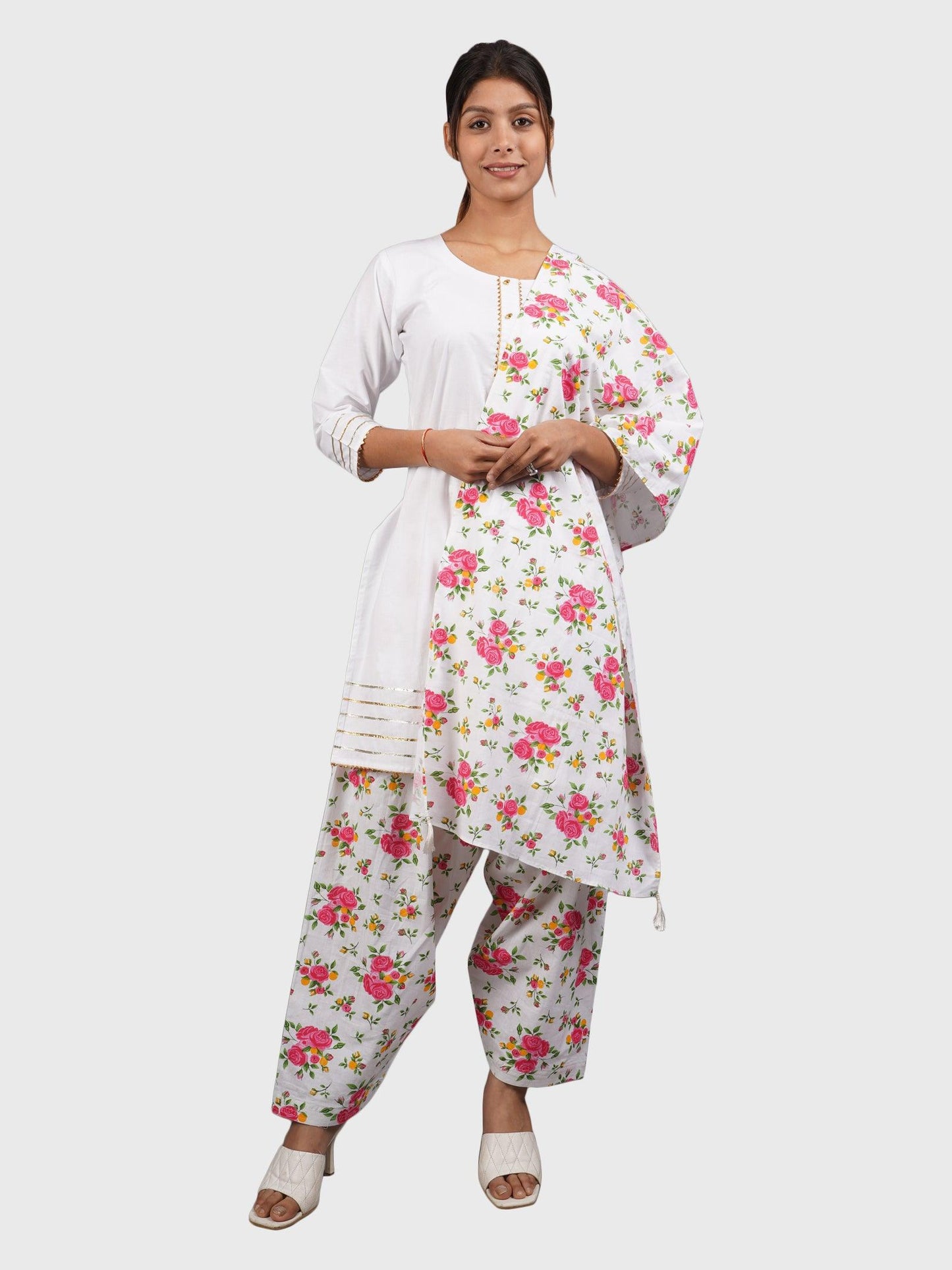 Trendzmy Women Plain White Kurta with Printed Pink Salwar and Dupatta XXXL