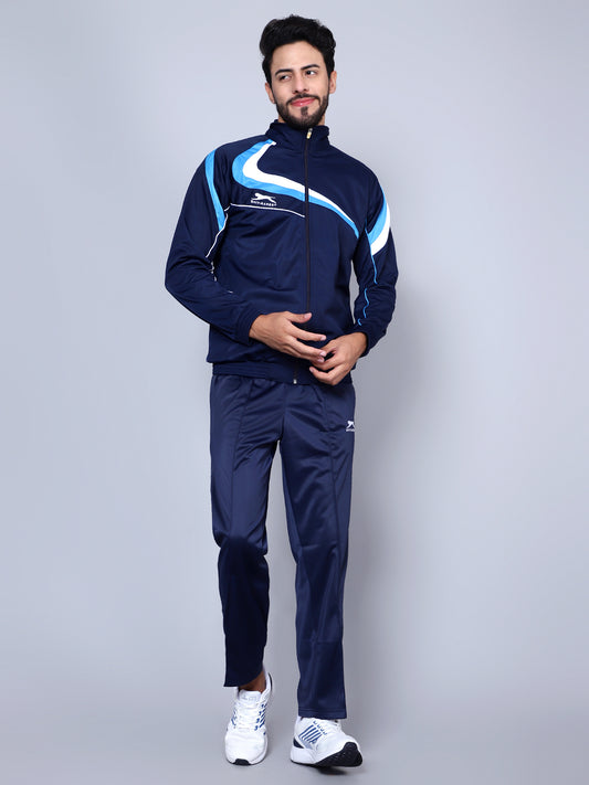 Men Navy Blue, Sky Blue and White Striped Detail Tracksuit