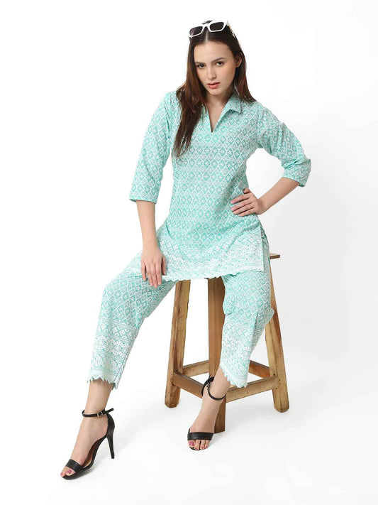 Trendzmy Women Chikan Embroidery Cotton Blend Kurti Set Ethnic Dress Cord Set Aqua Sea Green Color