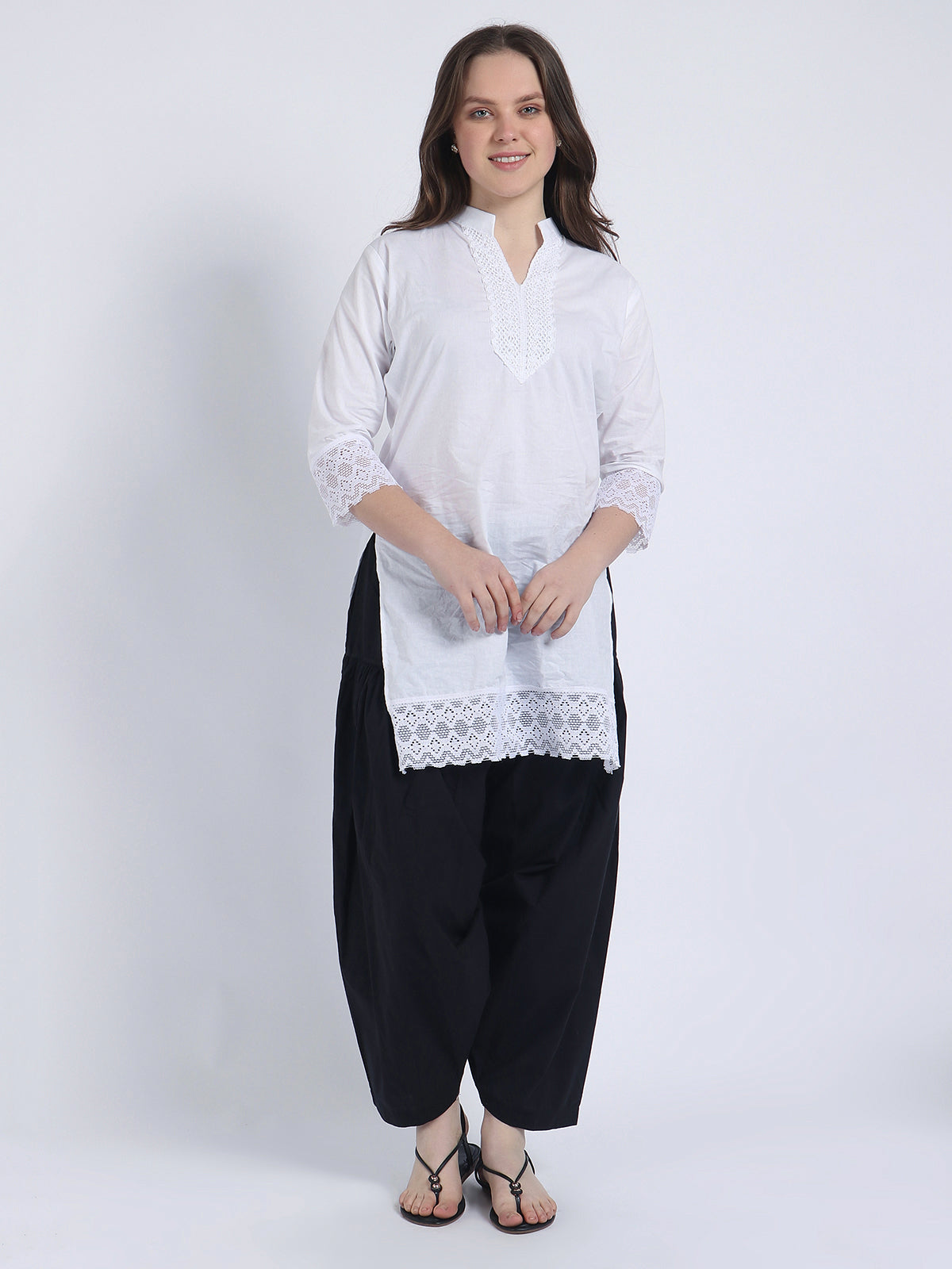 Trendzmy Women Solid White Kurta and Black Salwar Set Pure Cotton