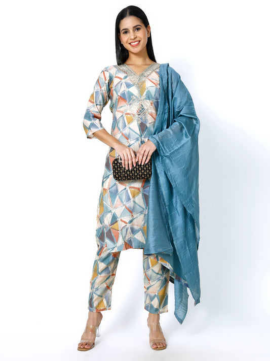 Trendzmy Women Embroidery Masleen Cotton Kurti Set Ethnic Printed Grey Color (Plus Size Available)