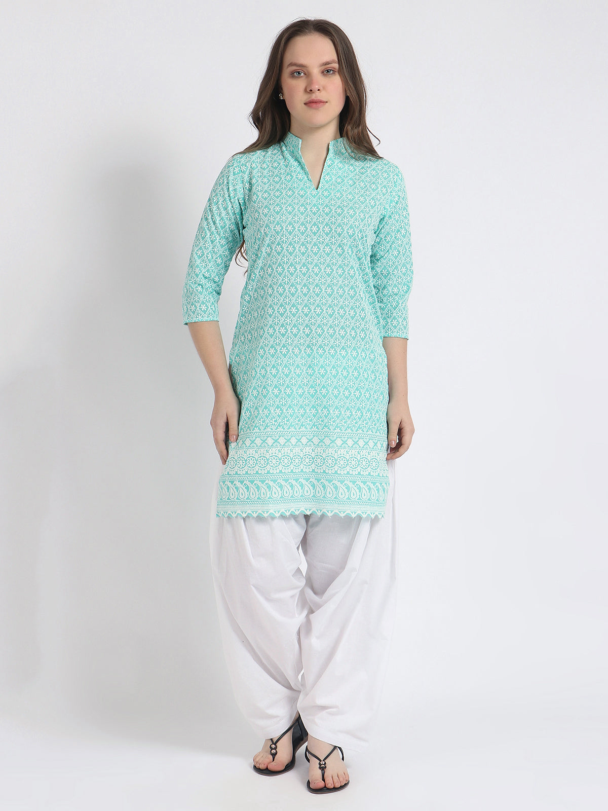 Trendzmy Women Chiken Embroidery Cotton Aqua Green Kurta and Salwar Set