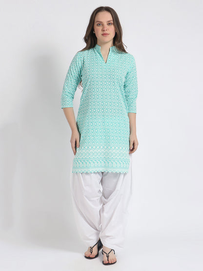 Trendzmy Women Chiken Embroidery Cotton Aqua Green Kurta and Salwar Set