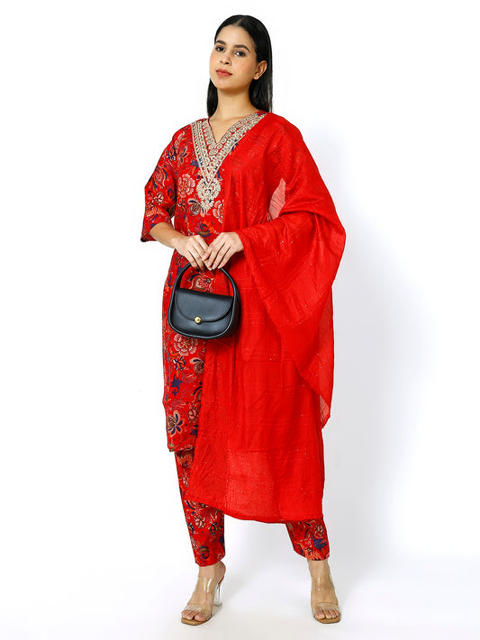 Trendzmy Women Embroidery Masleen Cotton Kurti Set Ethnic Printed RED Color (Plus Size Available) Red