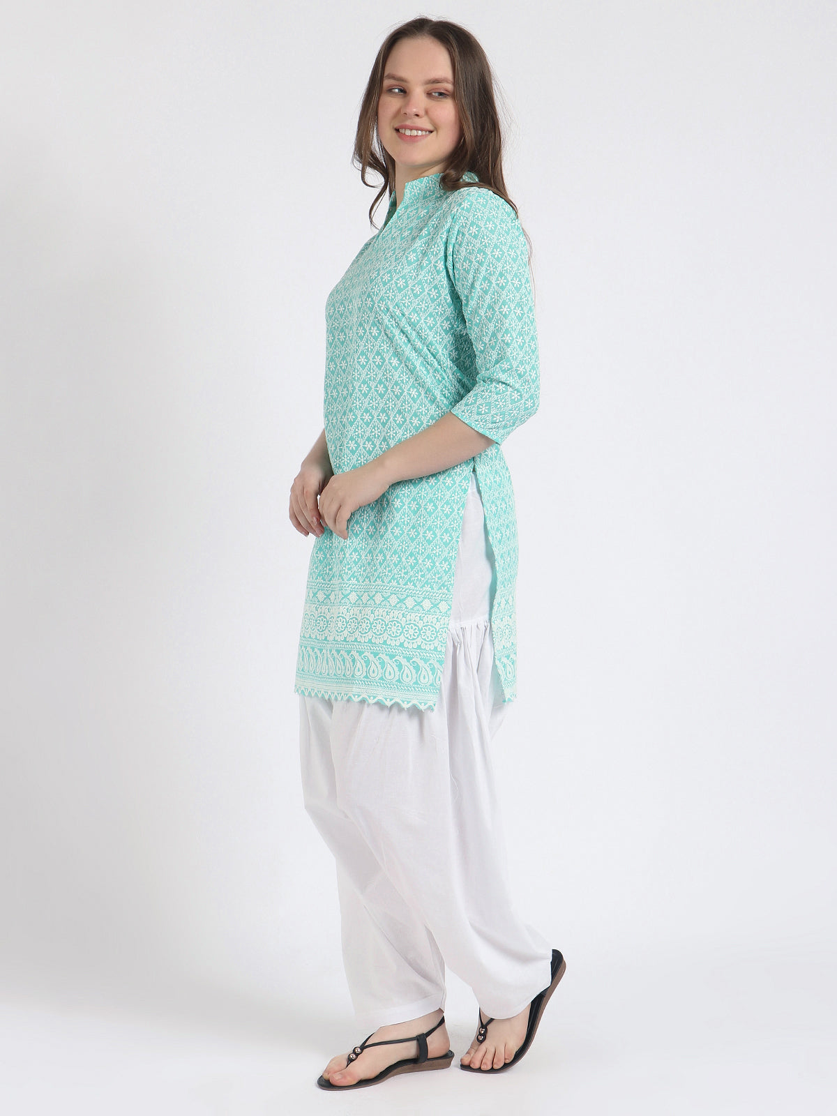 Trendzmy Women Chiken Embroidery Cotton Aqua Green Kurta and Salwar Set