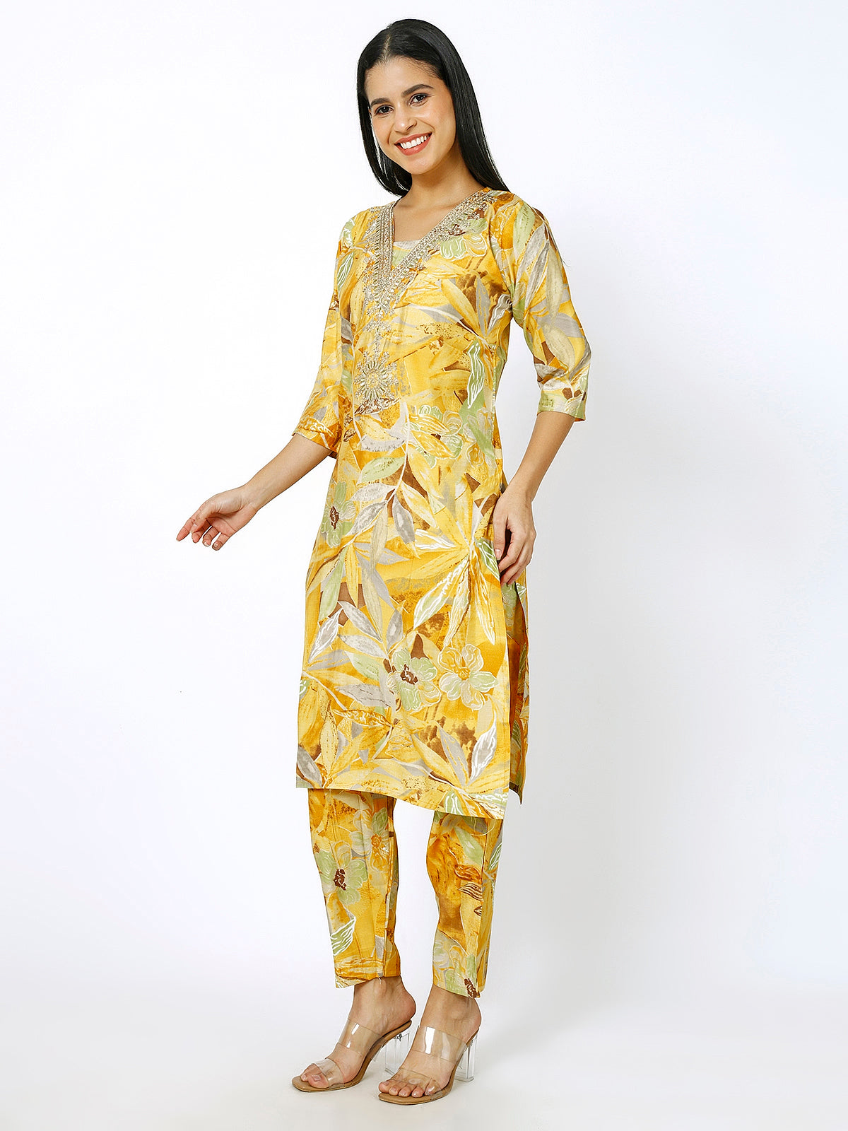 Trendzmy Women Embroidery Masleen Cotton Kurti Set Ethnic Printed Yellow Color (Plus Size Available)