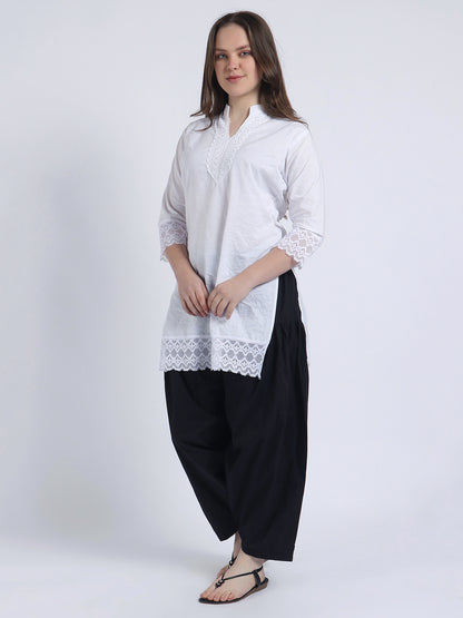 Trendzmy Women Solid White Kurta and Black Salwar Set Pure Cotton