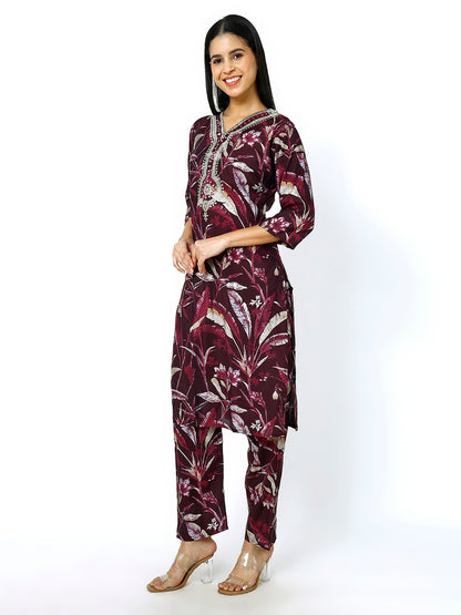 Trendzmy Women Embroidery Masleen Cotton Kurti Set Ethnic Printed Maroon Color (Plus Size Available)