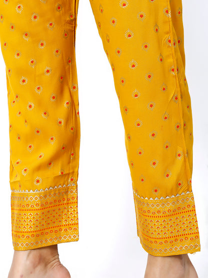 Trendzmy Women Mustard Floral Printed Round Neck Anarkali Kurta With Trousers & Dupatta (Plus Size Available)