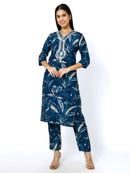 Trendzmy Women Embroidery Masleen Cotton Kurti Set Ethnic Printed Peacock Blue Color (Plus Size Available)