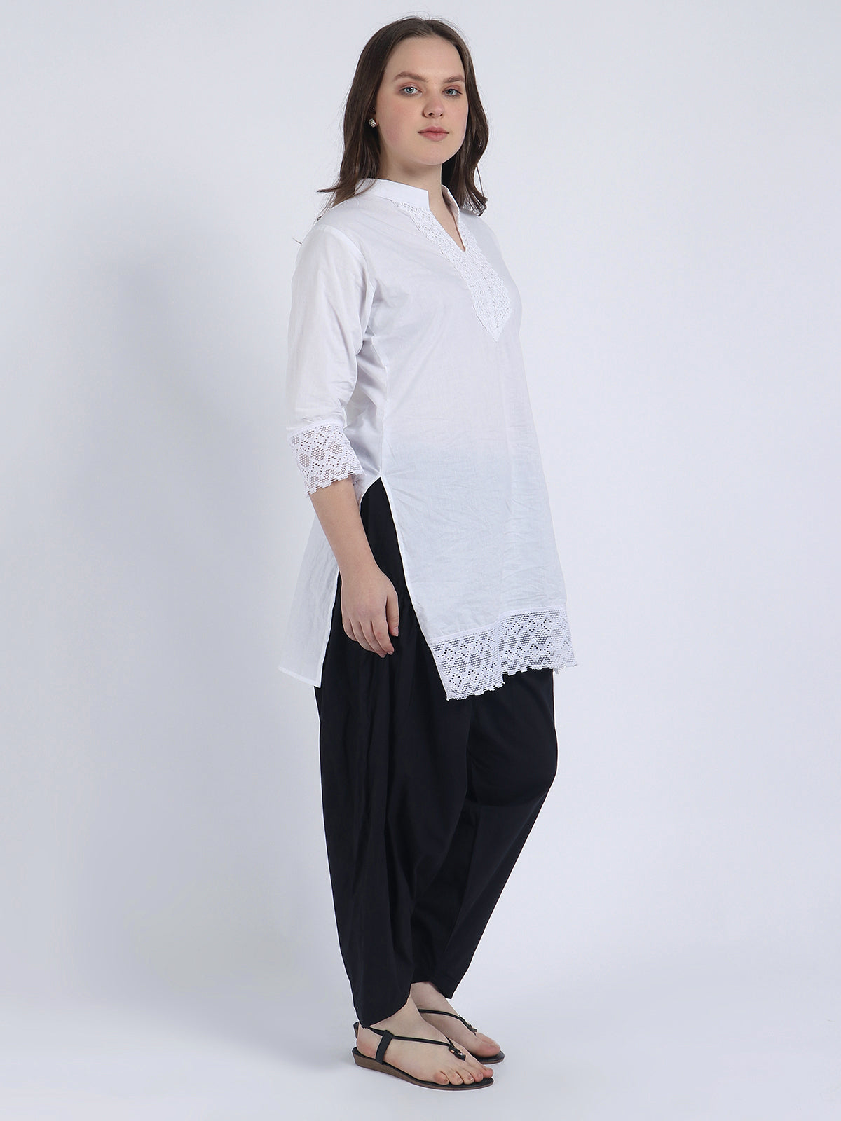 Trendzmy Women Solid White Kurta and Black Salwar Set Pure Cotton