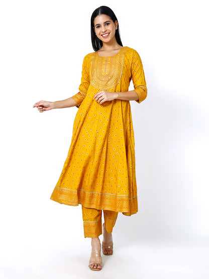 Trendzmy Women Mustard Floral Printed Round Neck Anarkali Kurta With Trousers & Dupatta (Plus Size Available)