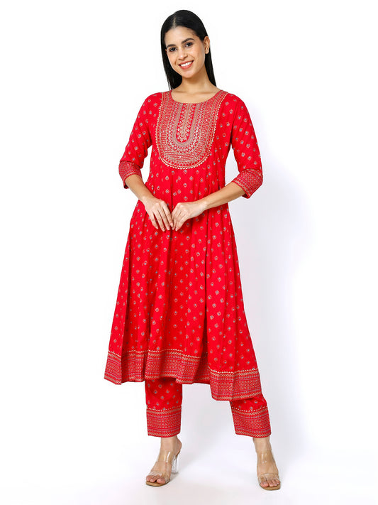 Trendzmy Women Red Floral Printed Round Neck Anarkali Kurta With Trousers & Dupatta (Plus Size Available)