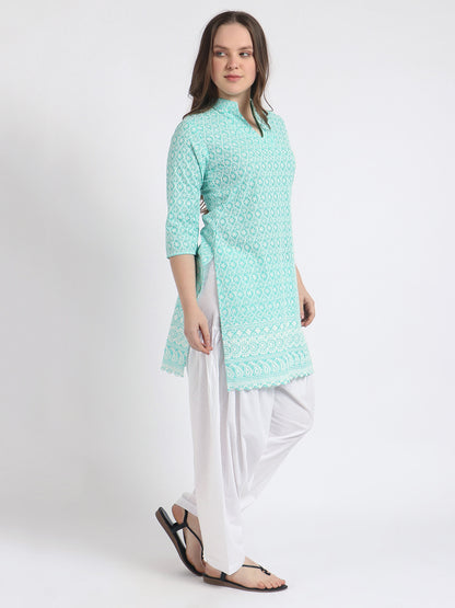 Trendzmy Women Chiken Embroidery Cotton Aqua Green Kurta and Salwar Set