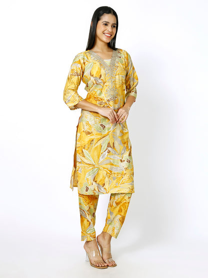 Trendzmy Women Embroidery Masleen Cotton Kurti Set Ethnic Printed Yellow Color (Plus Size Available)