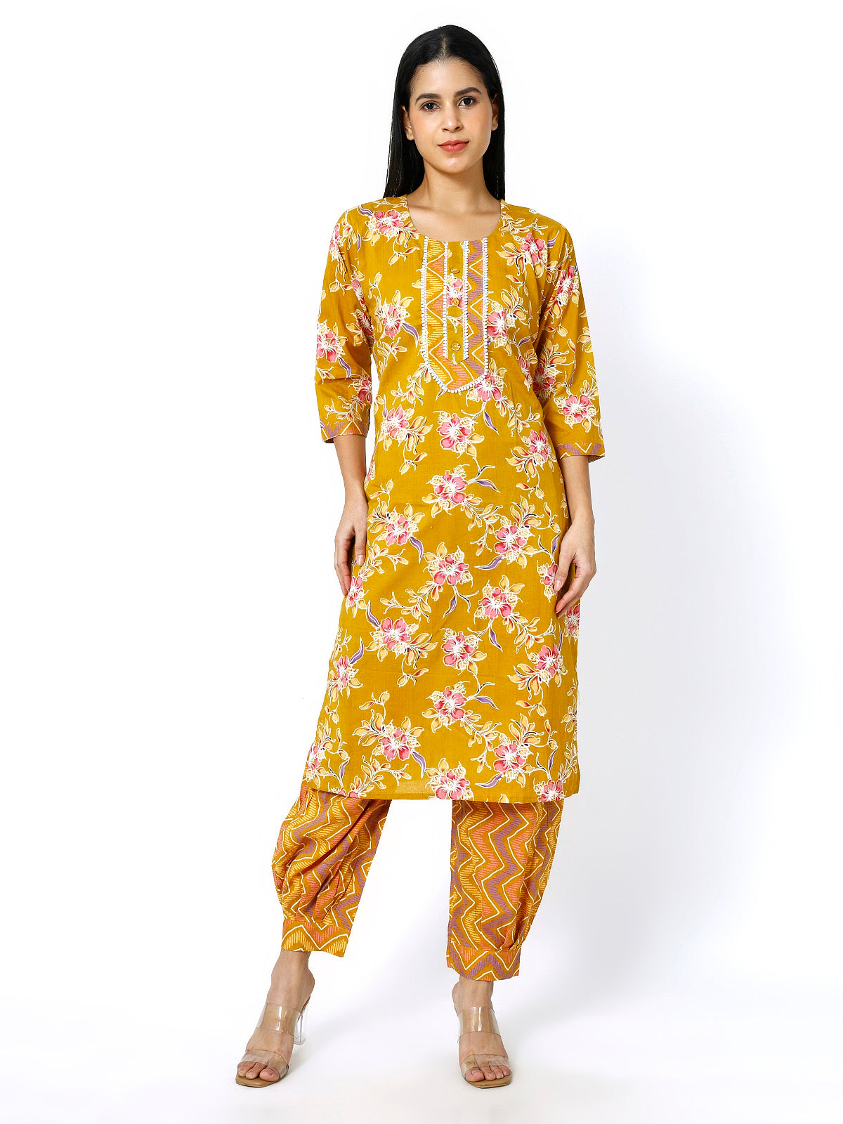 Trendzmy Women Mustard Cotton Floral Print Kurti Set (Plus Size Available)