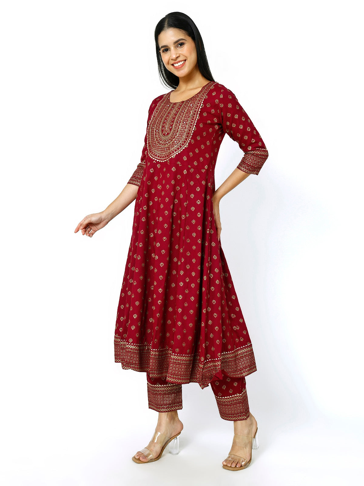 Trendzmy Women Maroon Floral Printed Round Neck Anarkali Kurta With Trousers & Dupatta (Plus Size Available) (Copy)