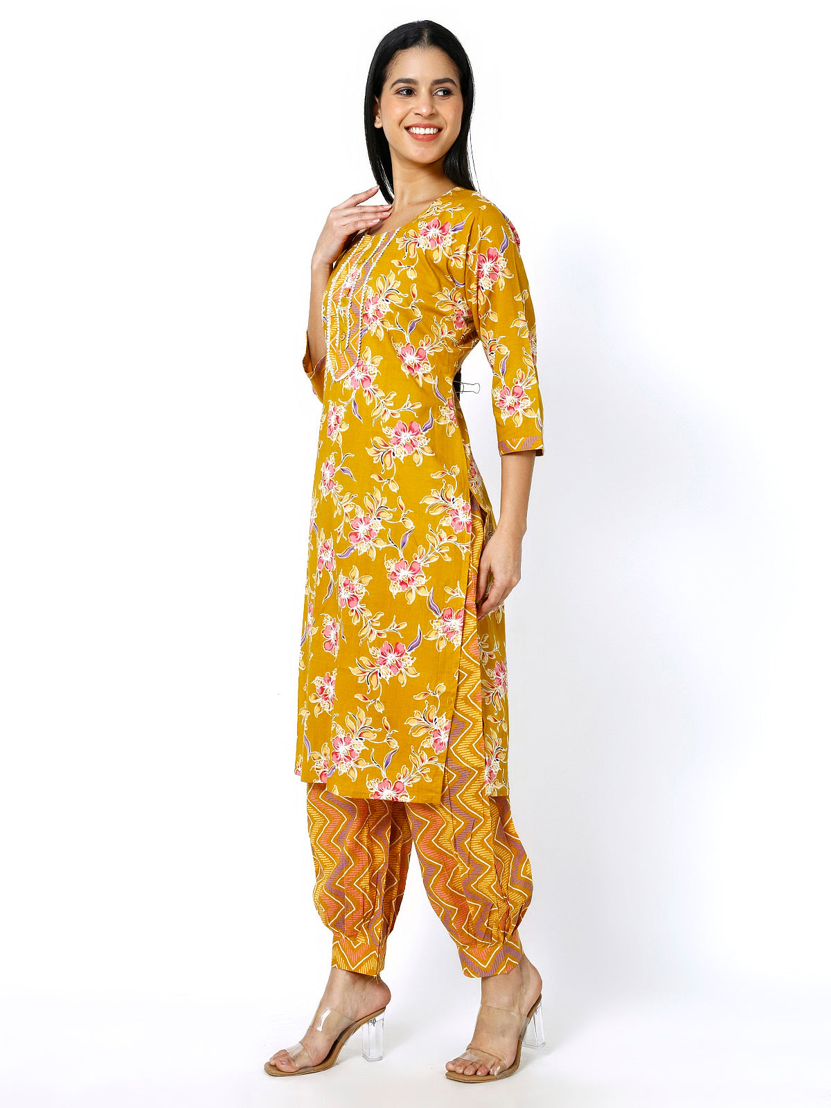 Trendzmy Women Mustard Cotton Floral Print Kurti Set (Plus Size Available)