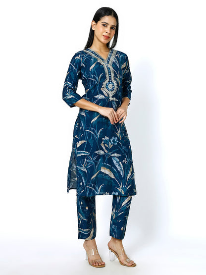 Trendzmy Women Embroidery Masleen Cotton Kurti Set Ethnic Printed Peacock Blue Color (Plus Size Available)