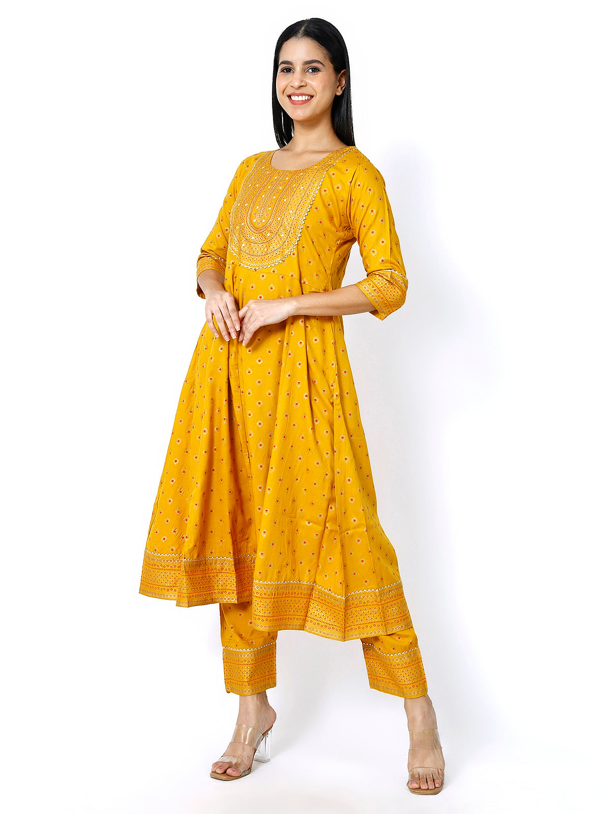 Trendzmy Women Mustard Floral Printed Round Neck Anarkali Kurta With Trousers & Dupatta (Plus Size Available)