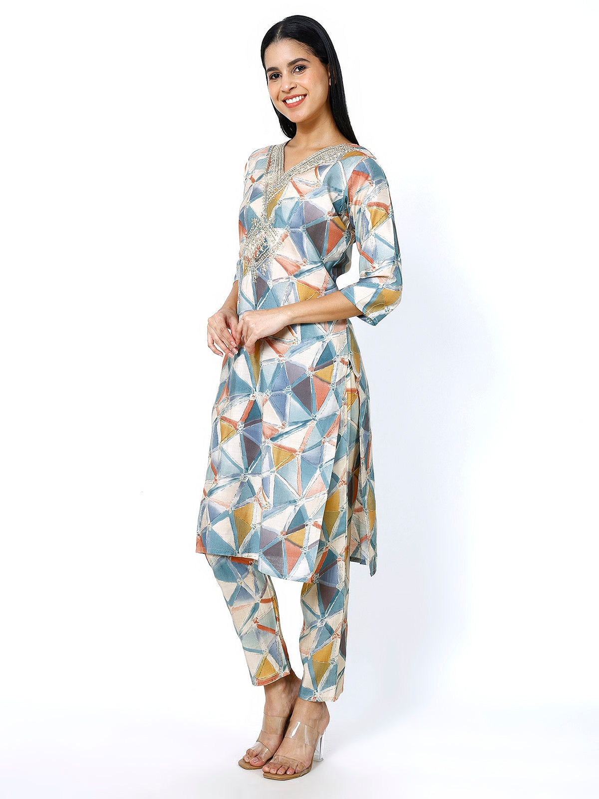 Trendzmy Women Embroidery Masleen Cotton Kurti Set Ethnic Printed Grey Color (Plus Size Available)