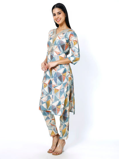 Trendzmy Women Embroidery Masleen Cotton Kurti Set Ethnic Printed Grey Color (Plus Size Available)