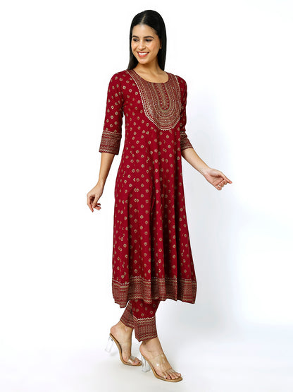 Trendzmy Women Maroon Floral Printed Round Neck Anarkali Kurta With Trousers & Dupatta (Plus Size Available) (Copy)