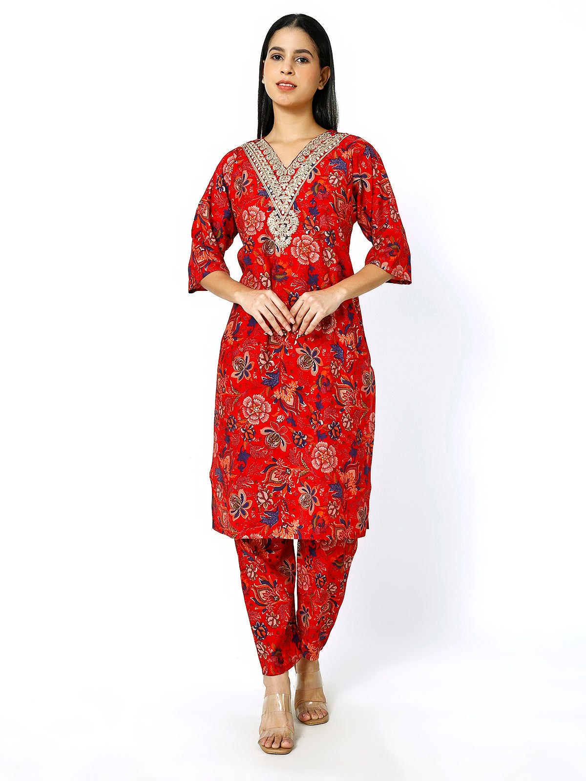 Trendzmy Women Embroidery Masleen Cotton Kurti Set Ethnic Printed RED Color (Plus Size Available)