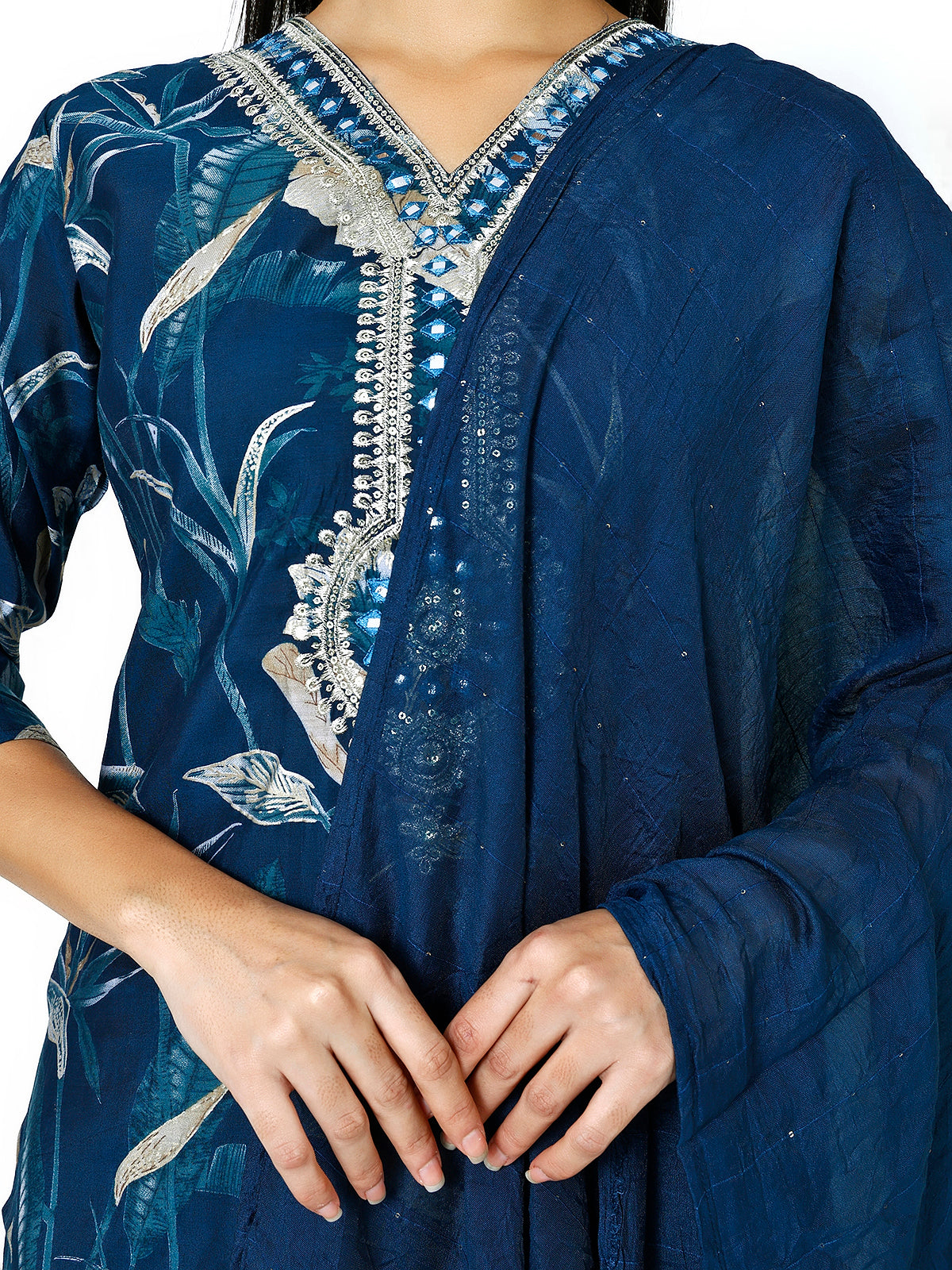 Trendzmy Women Embroidery Masleen Cotton Kurti Set Ethnic Printed Peacock Blue Color (Plus Size Available)