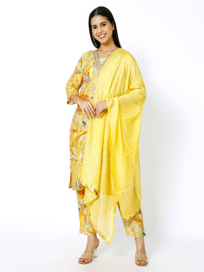 Trendzmy Women Embroidery Masleen Cotton Kurti Set Ethnic Printed Yellow Color (Plus Size Available)