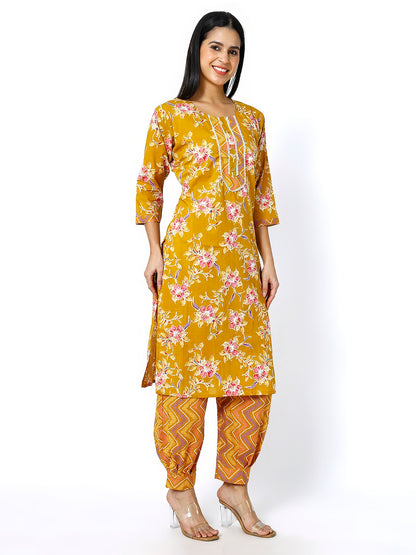 Trendzmy Women Mustard Cotton Floral Print Kurti Set (Plus Size Available)