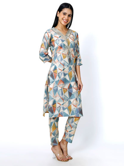 Trendzmy Women Embroidery Masleen Cotton Kurti Set Ethnic Printed Grey Color (Plus Size Available)