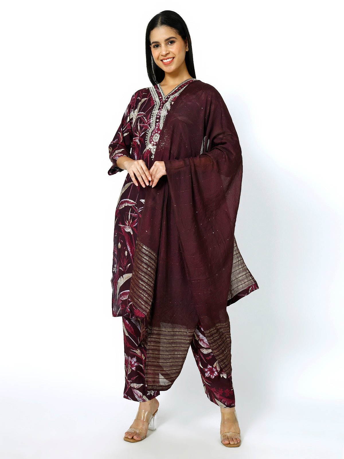 Trendzmy Women Embroidery Masleen Cotton Kurti Set Ethnic Printed Maroon Color (Plus Size Available)