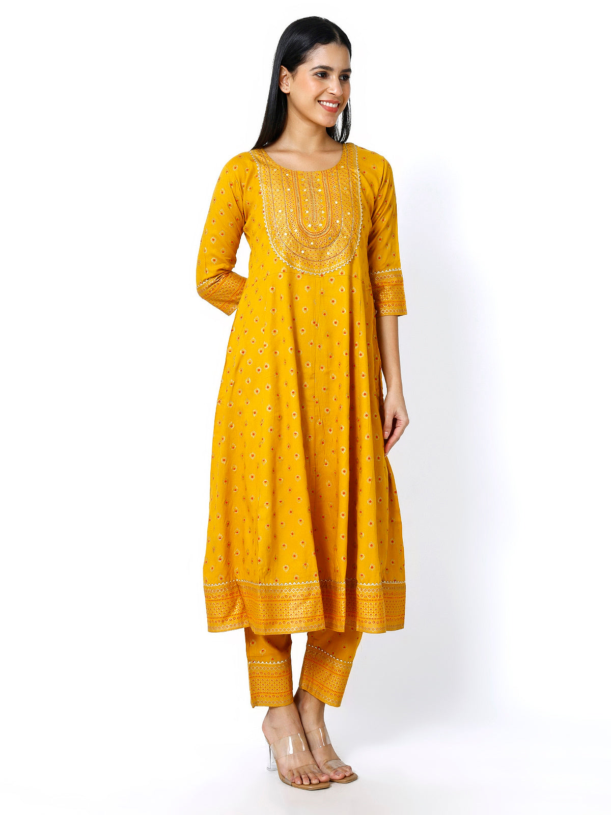 Trendzmy Women Mustard Floral Printed Round Neck Anarkali Kurta With Trousers & Dupatta (Plus Size Available)