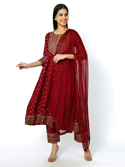 Trendzmy Women Maroon Floral Printed Round Neck Anarkali Kurta With Trousers & Dupatta (Plus Size Available) (Copy)