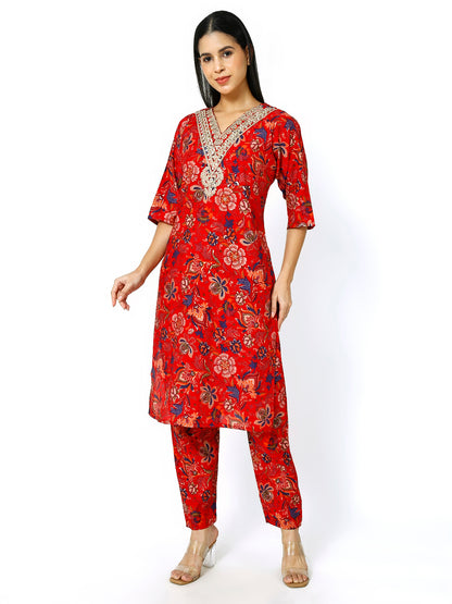 Trendzmy Women Embroidery Masleen Cotton Kurti Set Ethnic Printed RED Color (Plus Size Available)