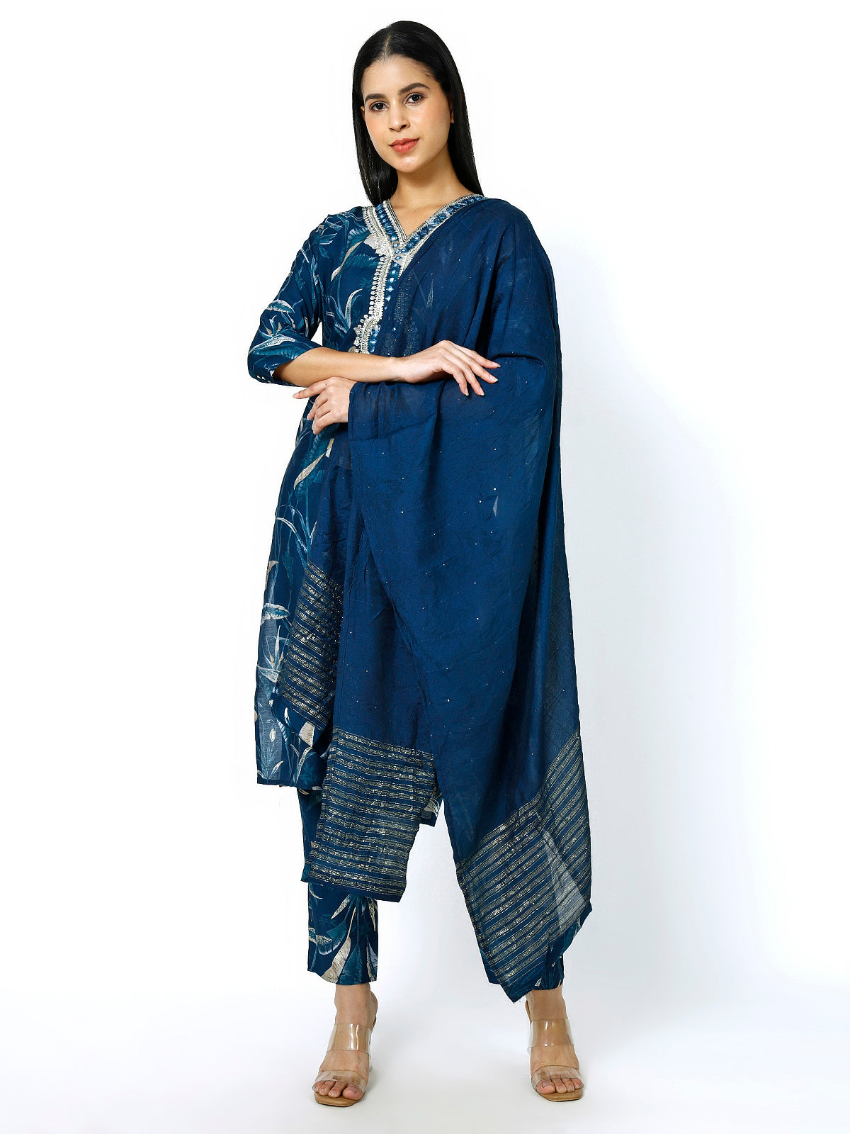 Trendzmy Women Embroidery Masleen Cotton Kurti Set Ethnic Printed Peacock Blue Color (Plus Size Available)