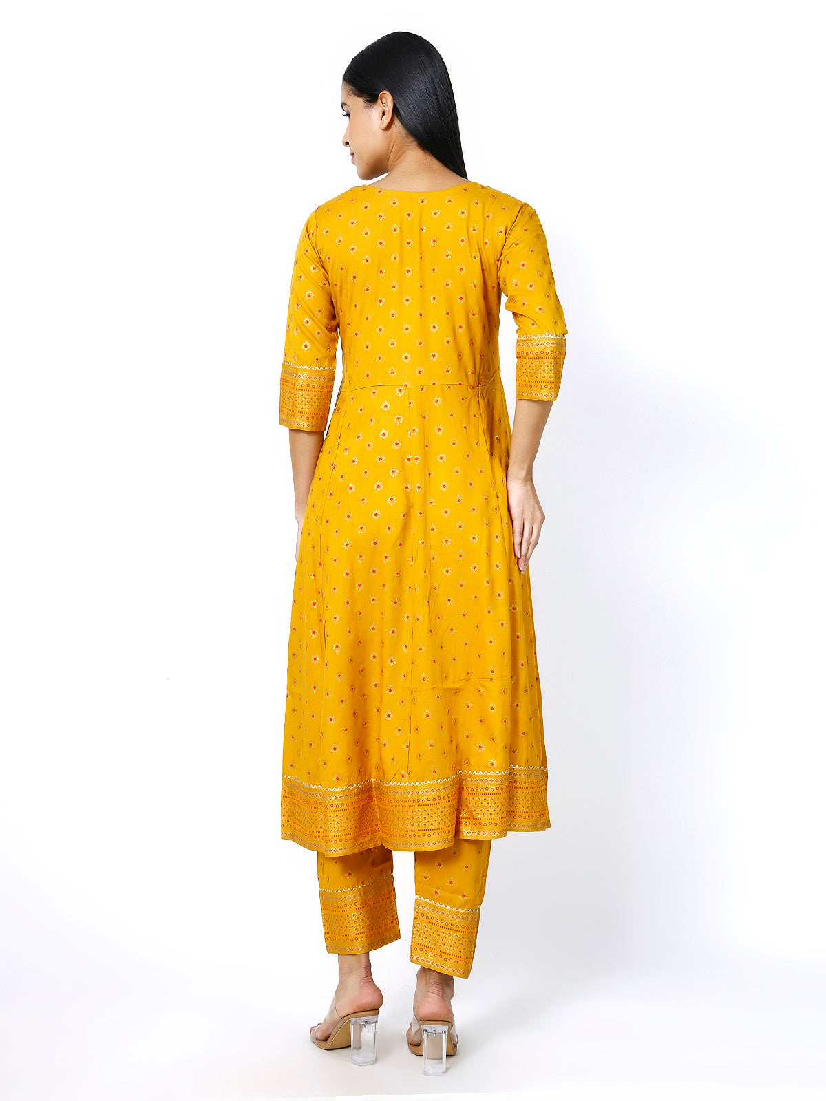 Trendzmy Women Mustard Floral Printed Round Neck Anarkali Kurta With Trousers & Dupatta (Plus Size Available)