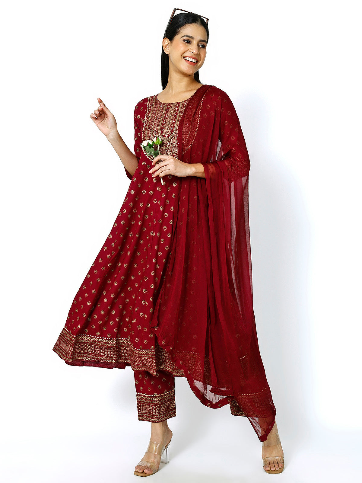 Trendzmy Women Maroon Floral Printed Round Neck Anarkali Kurta With Trousers & Dupatta (Plus Size Available) (Copy)