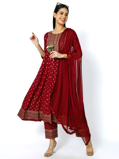 Trendzmy Women Maroon Floral Printed Round Neck Anarkali Kurta With Trousers & Dupatta (Plus Size Available) (Copy)