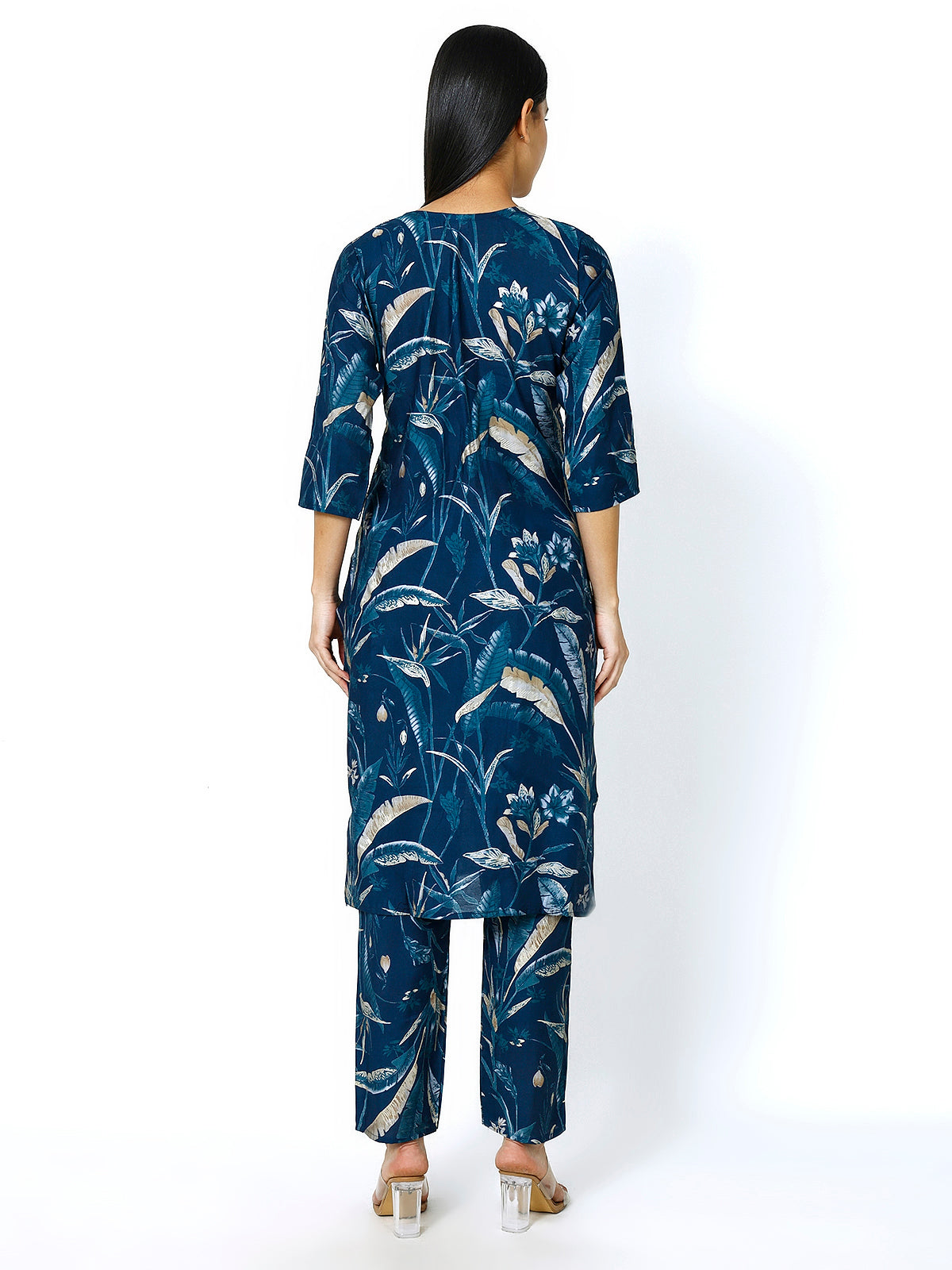 Trendzmy Women Embroidery Masleen Cotton Kurti Set Ethnic Printed Peacock Blue Color (Plus Size Available)