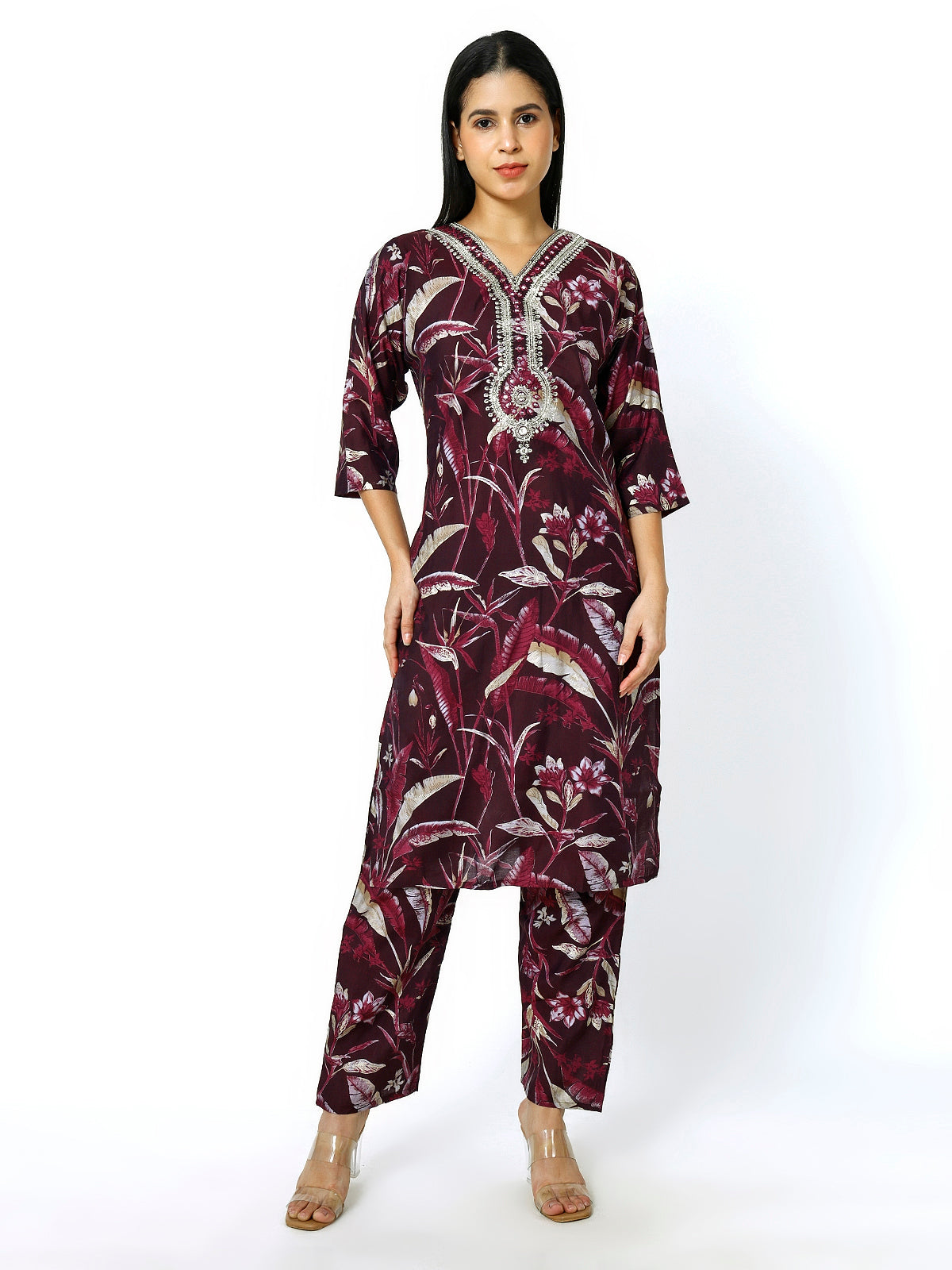 Trendzmy Women Embroidery Masleen Cotton Kurti Set Ethnic Printed Maroon Color (Plus Size Available)