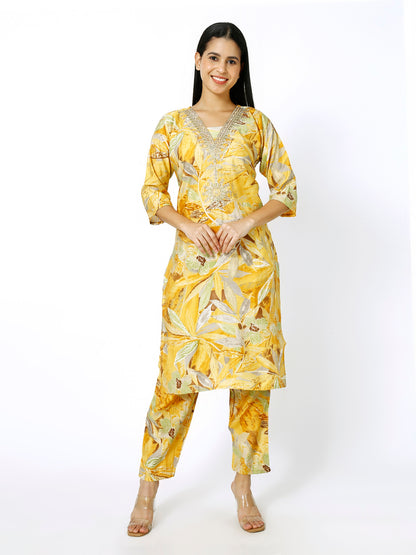 Trendzmy Women Embroidery Masleen Cotton Kurti Set Ethnic Printed Yellow Color (Plus Size Available)