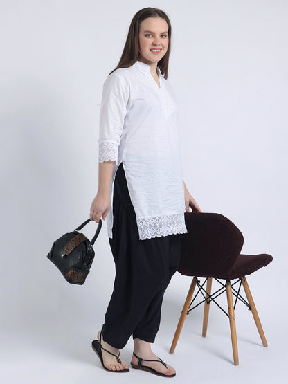 Trendzmy Women Solid White Kurta and Black Salwar Set Pure Cotton